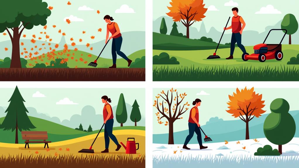 People raking leaves, mowing the lawn, and shoveling snow, representing seasonal lawn care tasks.