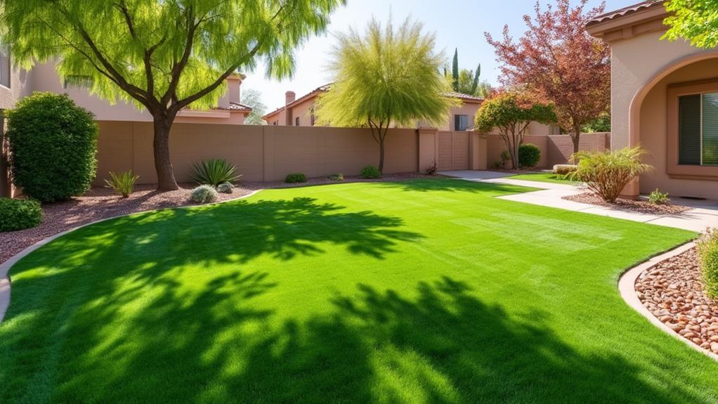 A lush green lawn in a residential backyard, showcasing the beauty of well-maintained grass.